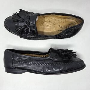 SANTONI RELAXED ITALY BLACK KILTIE TASSEL LOAFERS MOC TOE MENS SIZE 9.5 EE WIDE